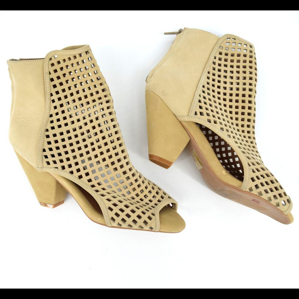 JEFFREY CAMPBELL Size 8.5 Retain Suede Perforated Peep Toe Tan Bootie